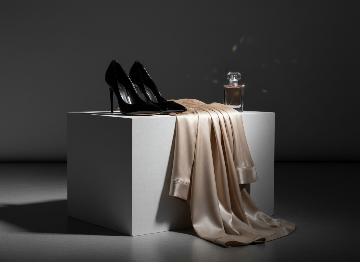 A polished studio setting showcasing an elegant still life that hints at an adult modeling portfolio without depicting any person: a pair of glossy black stiletto heels, perfectly aligned, stand beside a folded, silky champagne-colored robe draped over the edge of a low, matte-white pedestal. A minimalist glass perfume bottle with a faceted cap catches a beam of controlled softbox light, creating tiny prismatic reflections on the neutral charcoal backdrop. The scene is captured at a three-quarter angle with dramatic, but refined, side lighting, casting long, sculpted shadows. Photographic realism with a fashion-editorial sensibility, clean composition, and luxurious textures, conveying sophistication, allure, and professional high-end booking energy.