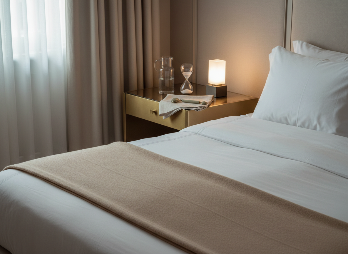 An intimate, luxurious bedroom sanctuary scene centered on a neatly made bed dressed in crisp white Egyptian cotton sheets and a sand-colored cashmere throw. A low, brushed-brass bedside table holds a single smoky-glass carafe of water, a minimalist hourglass, and a smooth jade facial roller resting on a folded linen cloth. Moonlight filters in through floor-to-ceiling drapes, mixing with the warm glow of a small, sculptural bedside lamp to create soft highlights on the fabrics and metal edges. Shot from a slightly elevated angle with a medium depth of field, the composition feels cinematic and calm. Photographic realism with a muted, sophisticated color palette, evoking restorative sleep, self-care, and quiet opulence.
