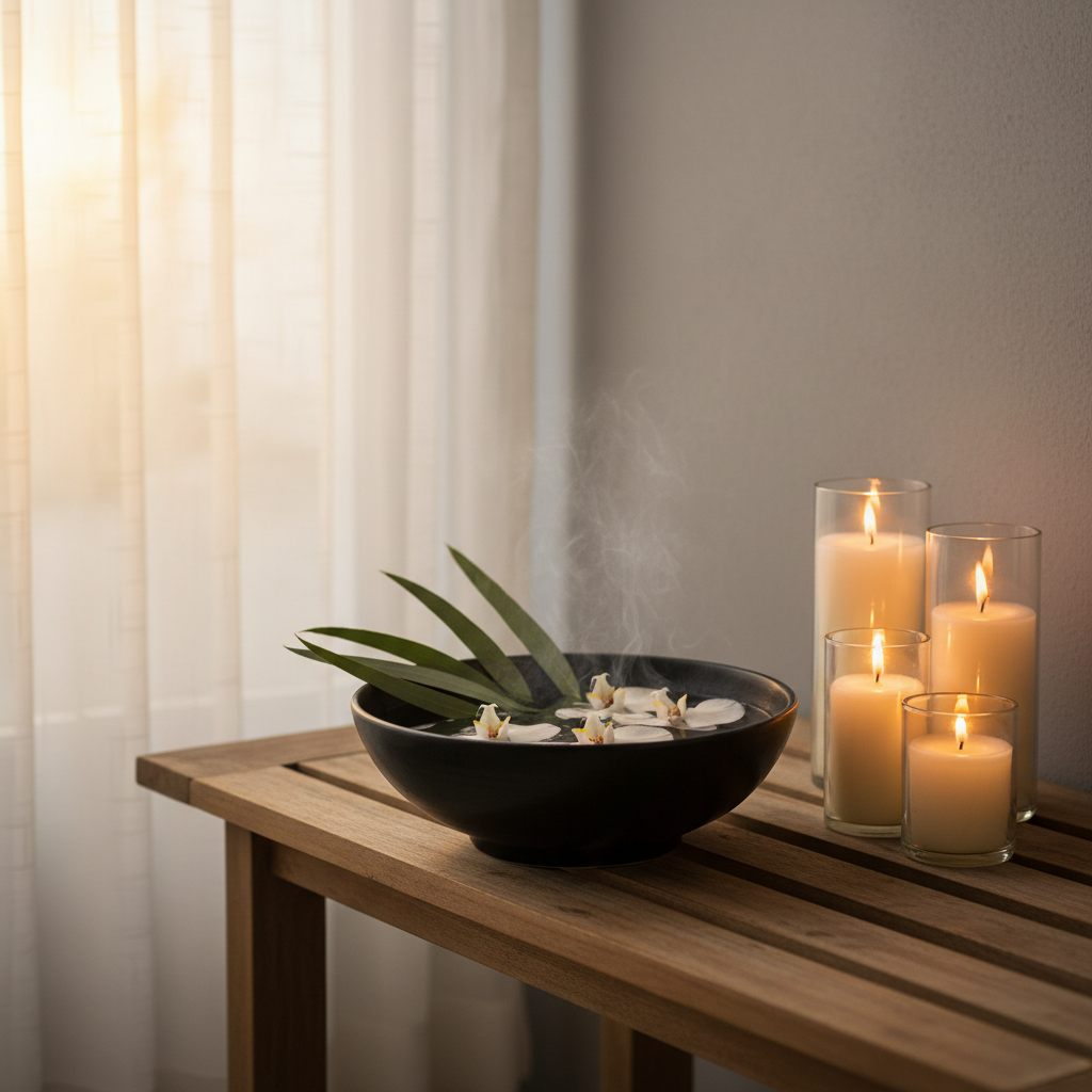A serene spa-inspired vignette featuring a deep, matte-black ceramic bowl filled with warm water, floating white orchids, and slender eucalyptus leaves, resting on a narrow teak bench. Nearby, tall cream pillar candles in clear glass cylinders stand at varied heights, their flames casting subtle reflections on a smooth, dove-gray wall. Soft golden hour sunlight filters through sheer curtains, blending with the candlelight to create a gentle, layered glow. The composition is framed at eye level with a shallow depth of field, the background subtly blurred to emphasize texture and contrast. Photographic realism with a sophisticated, high-end wellness aesthetic, conveying relaxation, sanctuary, and composed elegance.