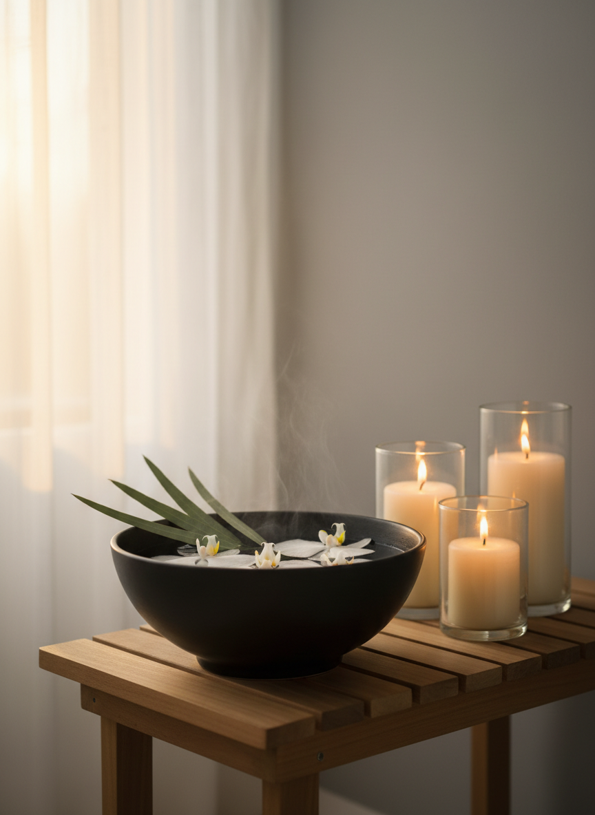 A serene spa-inspired vignette featuring a deep, matte-black ceramic bowl filled with warm water, floating white orchids, and slender eucalyptus leaves, resting on a narrow teak bench. Nearby, tall cream pillar candles in clear glass cylinders stand at varied heights, their flames casting subtle reflections on a smooth, dove-gray wall. Soft golden hour sunlight filters through sheer curtains, blending with the candlelight to create a gentle, layered glow. The composition is framed at eye level with a shallow depth of field, the background subtly blurred to emphasize texture and contrast. Photographic realism with a sophisticated, high-end wellness aesthetic, conveying relaxation, sanctuary, and composed elegance.
