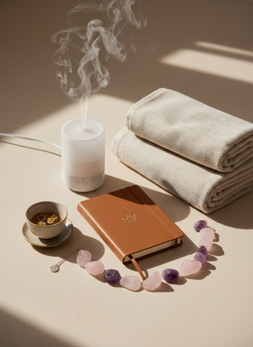 A meticulously arranged flat lay of holistic wellness objects on a smooth, pale sandstone surface. A frosted glass essential oil diffuser emits a delicate wisp of vapor beside neatly stacked, cream-colored linen towels with a subtle herringbone texture. Polished rose quartz and amethyst crystals form a graceful arc around a leather-bound wellness journal embossed with a minimalist crown-and-dove logo. Soft morning light from an unseen window glows across the scene, creating gentle gradients and refined shadows. The background falls into a soft blur, emphasizing the central objects. Photographic realism with a clean, modern, sophisticated aesthetic, captured from a bird’s eye view with balanced composition, evoking calm, exclusivity, and quiet luxury.