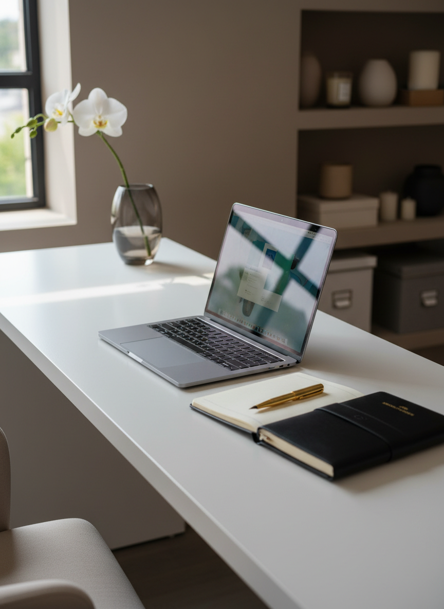 A sleek, contemporary workspace designed for wellness modeling bookings: a slim, matte-white desk against a soft taupe wall, supporting an ultra-thin metallic laptop displaying a blurred, abstract interface. Beside it, a structured black leather planner lies open with a gold fountain pen resting diagonally across creamy pages. A single white orchid in a smoked-glass vase adds organic elegance. Afternoon natural light streams from the left, creating soft reflections on the laptop and pen, while the background shelves, holding curated neutral-toned boxes and candles, remain gently out of focus. Shot at eye level with a shallow depth of field in photographic realism, the mood is calm, organized, and premium, subtly suggesting a seamless, refined booking experience.